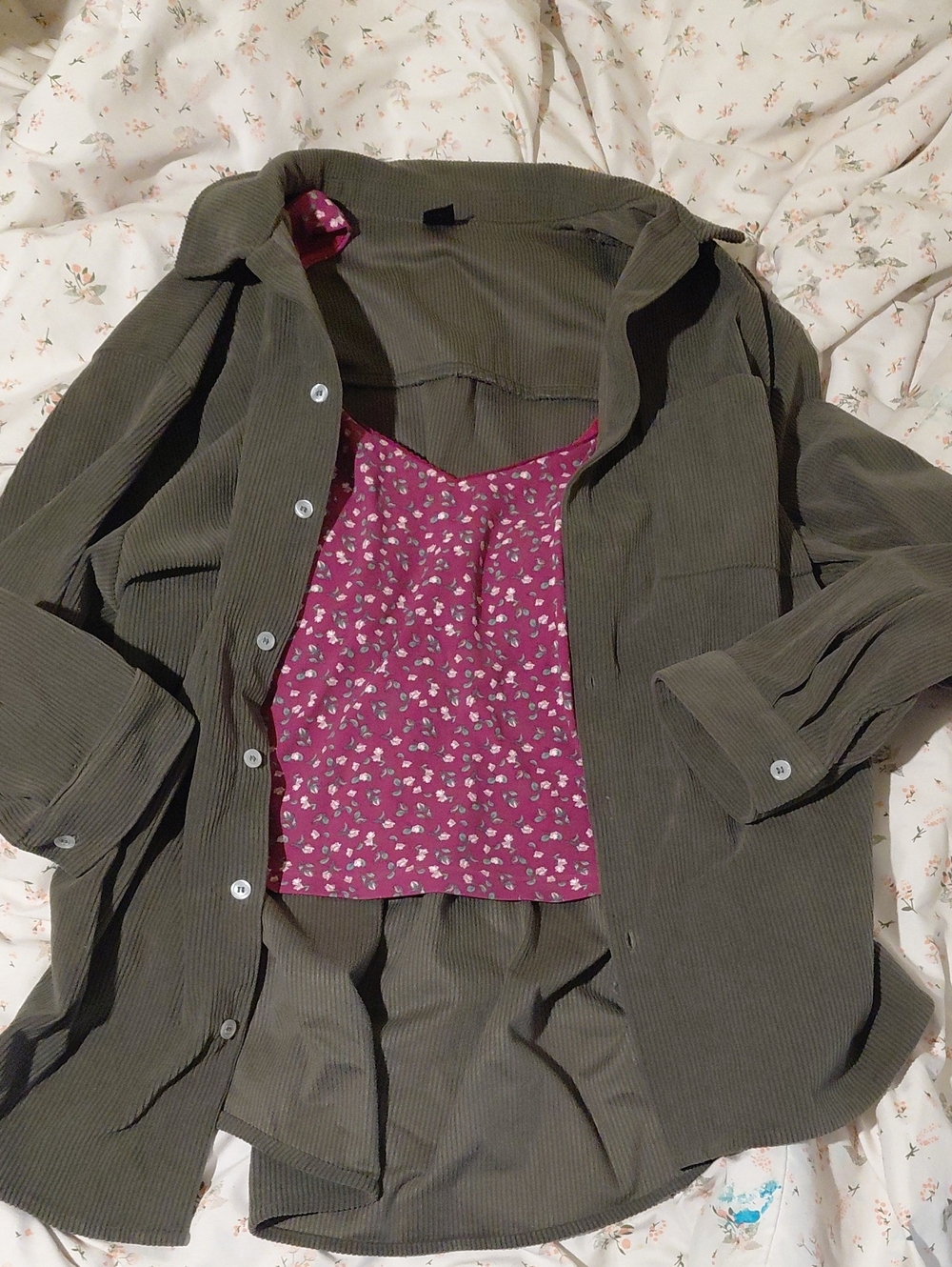 Button-Front Corduroy Shirt in Olive Green